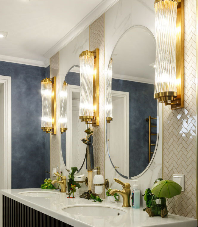 Gorgeous bathroom mirrors with gold  wall sconces